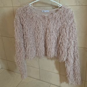 Zara Pink Feather Cropped Sweater Large